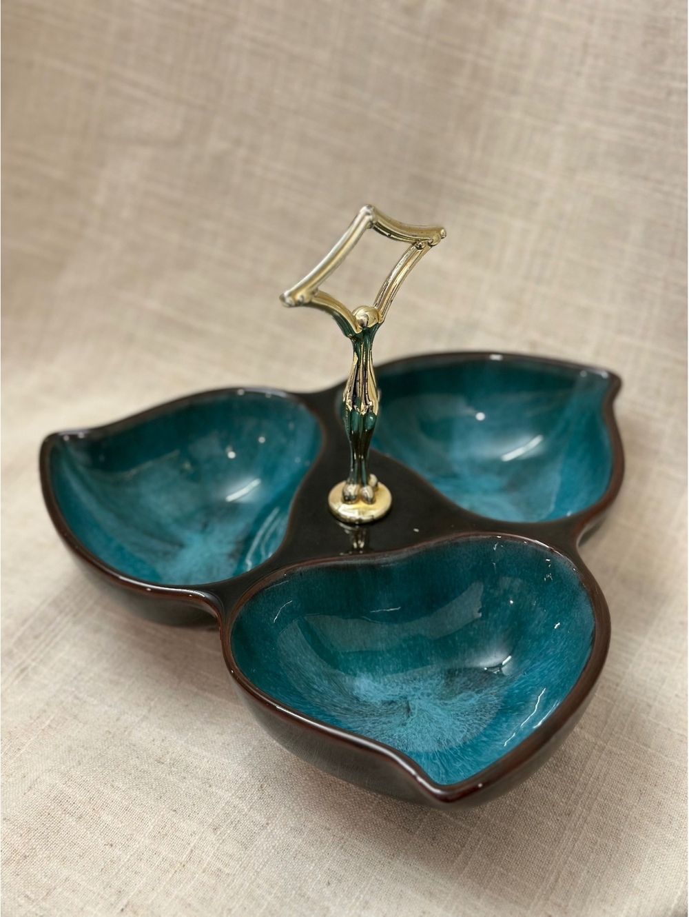 Vintage Blue Mountain Pottery Tri Section Candy Nut Dish Canada Green Drip Glaze